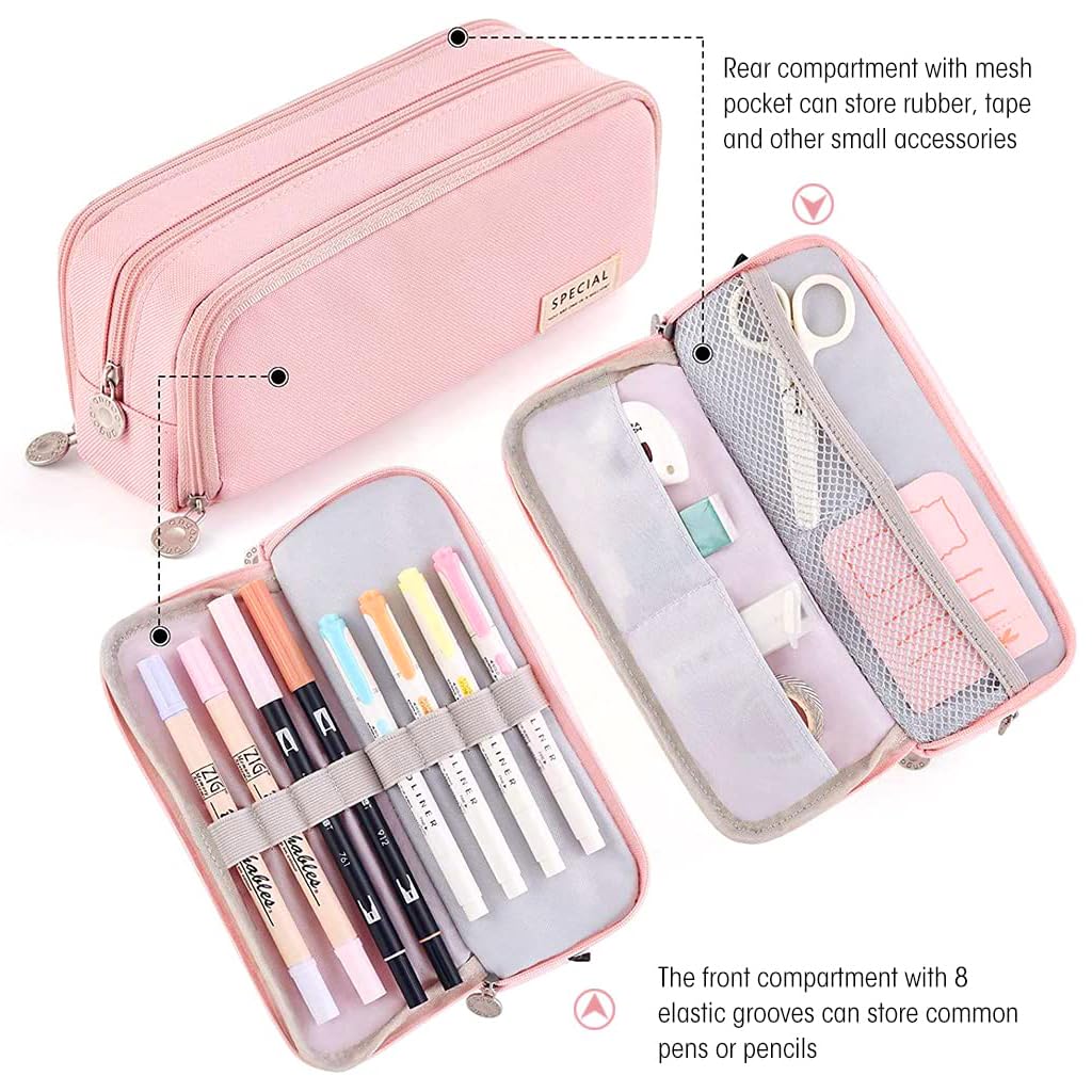 Climberty Large Capacity Pencil Case, 3 Compartment Pouch Pen Bag with 8 Elastic Pen Sleeves, 3 Zipper Portable Storage Pencil Pouch for School Teen Girl Boy Men Women (Pink) Climberty Large Capacity Pencil Case, 3 Compartment Pouch Pen Bag with 8 Elastic Pen Sleeves, 3 Zipper Portable Storage Pencil Pouch for School Teen Girl Boy Men Women (Pink)